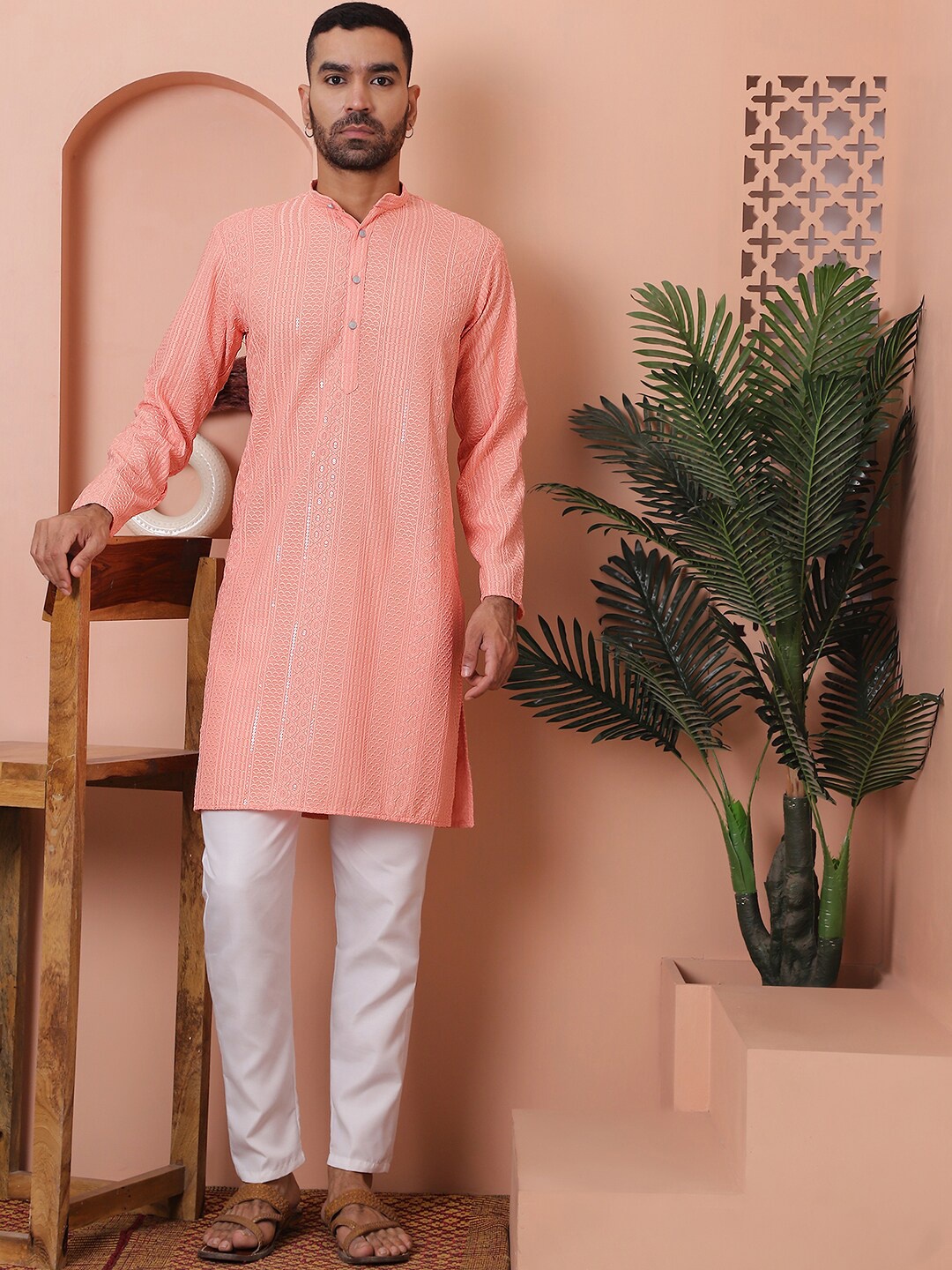 Anouk Peach Ethnic Motifs Embroidered Sequinned Band Collar Straight Kurta With Pyjamas
Anouk Peach Ethnic Motifs Embroidered Sequinned Band Collar Straight Kurta With Pyjamas