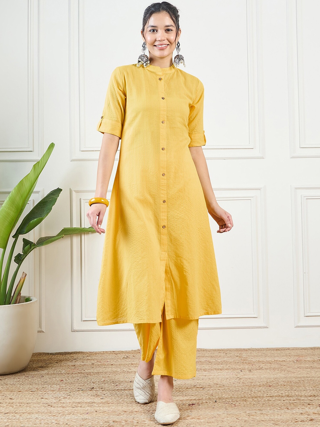 KALINI Striped Regular Kantha Work Pure Cotton Kurta with Palazzos & With Dupatta, Yellow
KALINI Striped Regular Kantha Work Pure Cotton Kurta with Palazzos & With Dupatta, Yellow