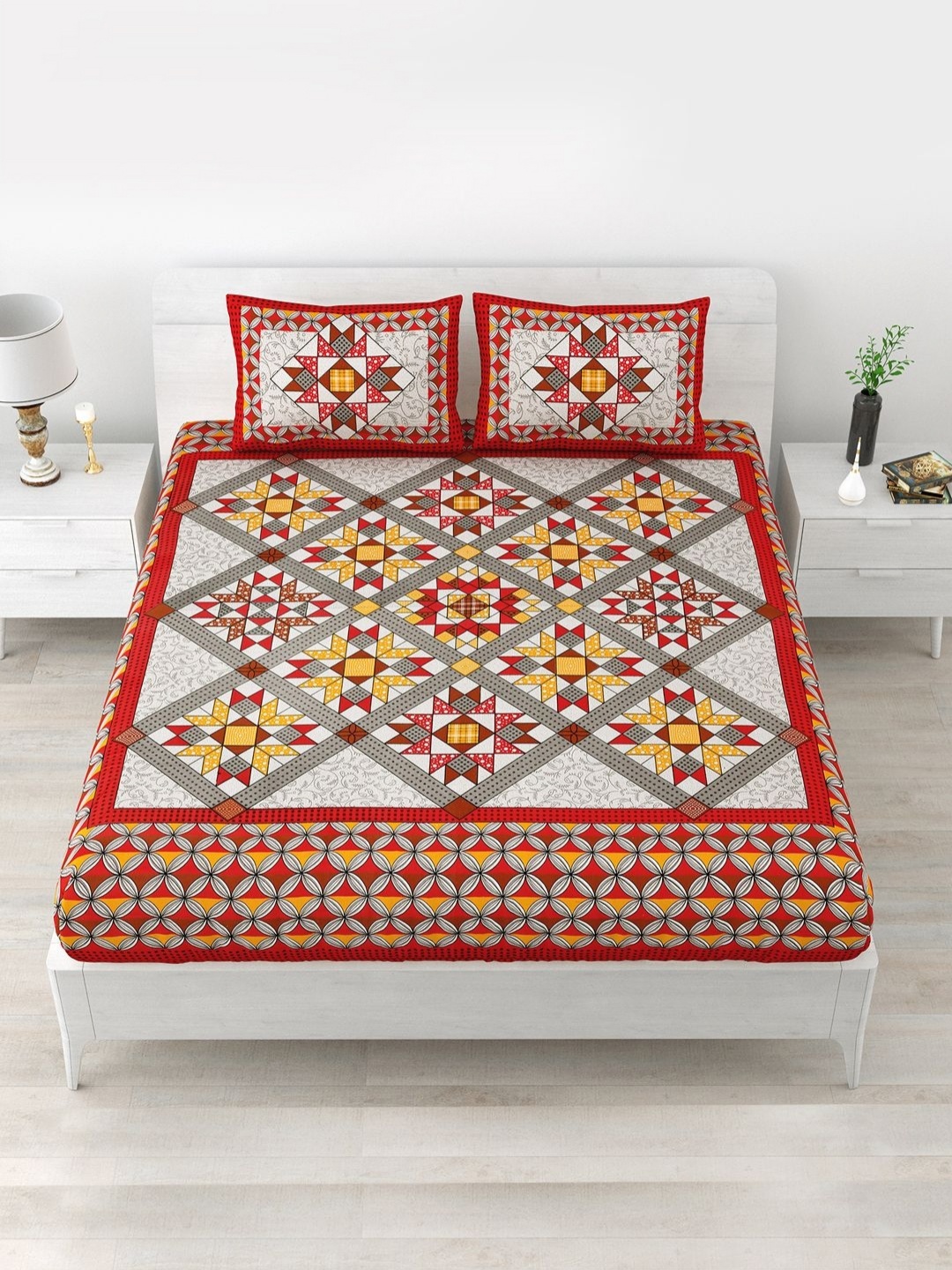 Aapno Rajasthan Red & Grey Geometric 120 TC Cotton Queen Bedsheet With 2 Pillow Covers
Aapno Rajasthan Red & Grey Geometric 120 TC Cotton Queen Bedsheet With 2 Pillow Covers