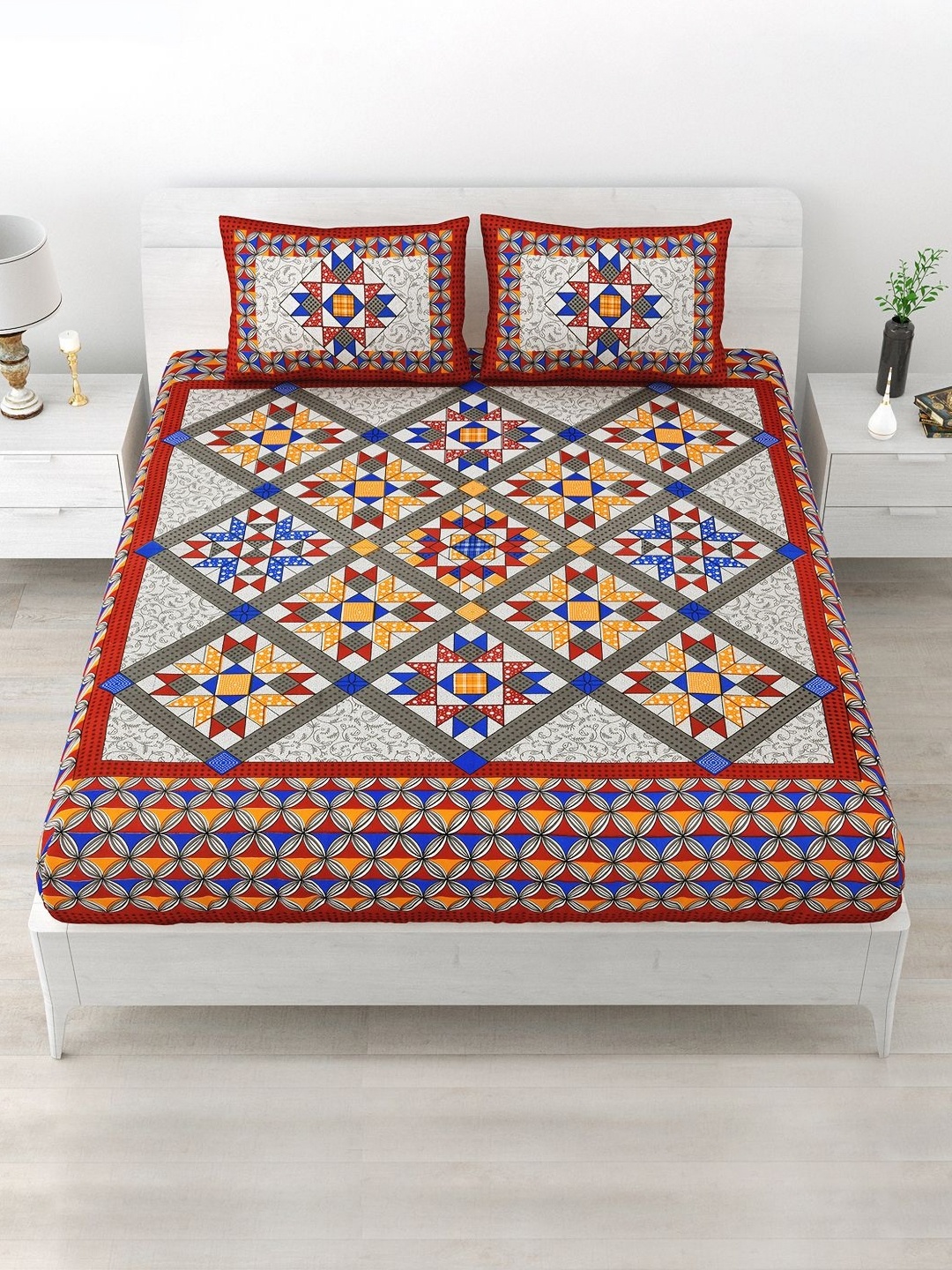 Aapno Rajasthan Red & Grey Geometric 120 TC Cotton Queen Bedsheet With 2 Pillow Covers
Aapno Rajasthan Red & Grey Geometric 120 TC Cotton Queen Bedsheet With 2 Pillow Covers