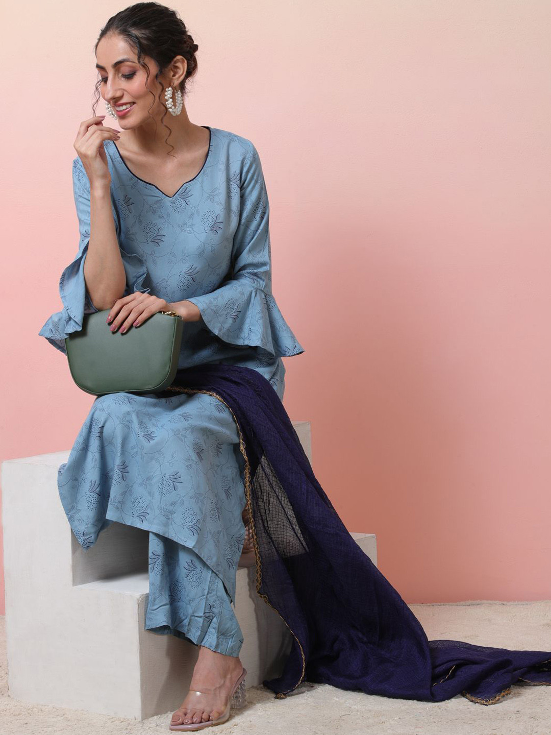 Sangria Blue Floral Printed Notch Neck Bell Sleeves Straight Kurta With Palazzos & Dupatta
Sangria Blue Floral Printed Notch Neck Bell Sleeves Straight Kurta With Palazzos & Dupatta