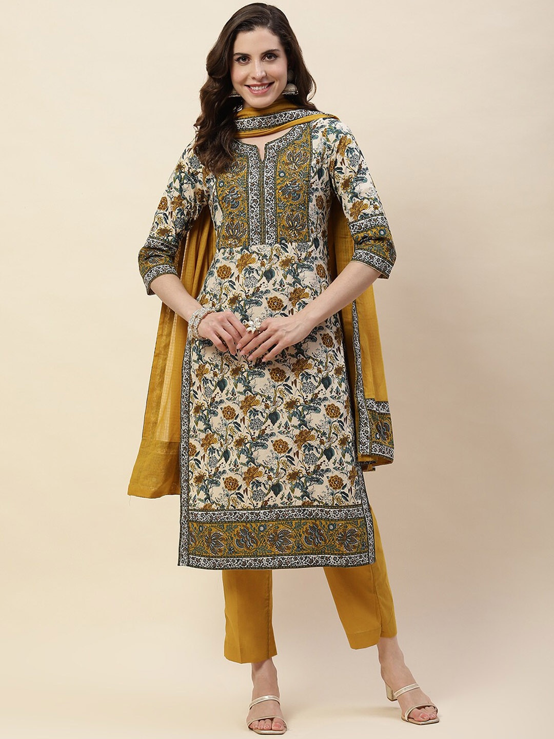 Meena Bazaar Ethnic Motifs Printed Notched Neck Straight Kurta with Trousers & Dupatta, Beige
Meena Bazaar Ethnic Motifs Printed Notched Neck Straight Kurta with Trousers & Dupatta, Beige