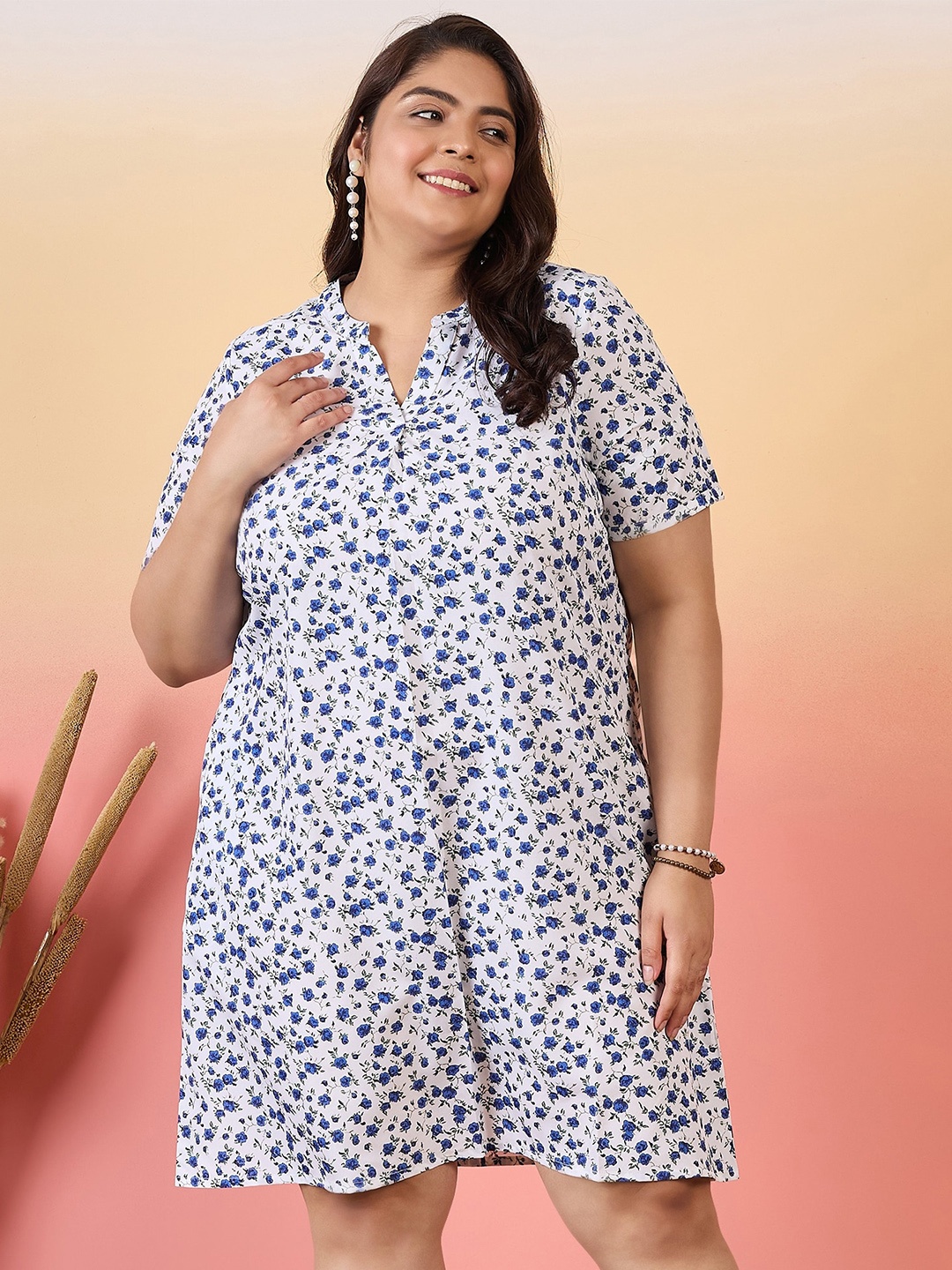 Sztori Plus Size Floral Printed Mandarin Collar Short Sleeves Crepe A-Line Dress, White
Sztori Plus Size Floral Printed Mandarin Collar Short Sleeves Crepe A-Line Dress, White