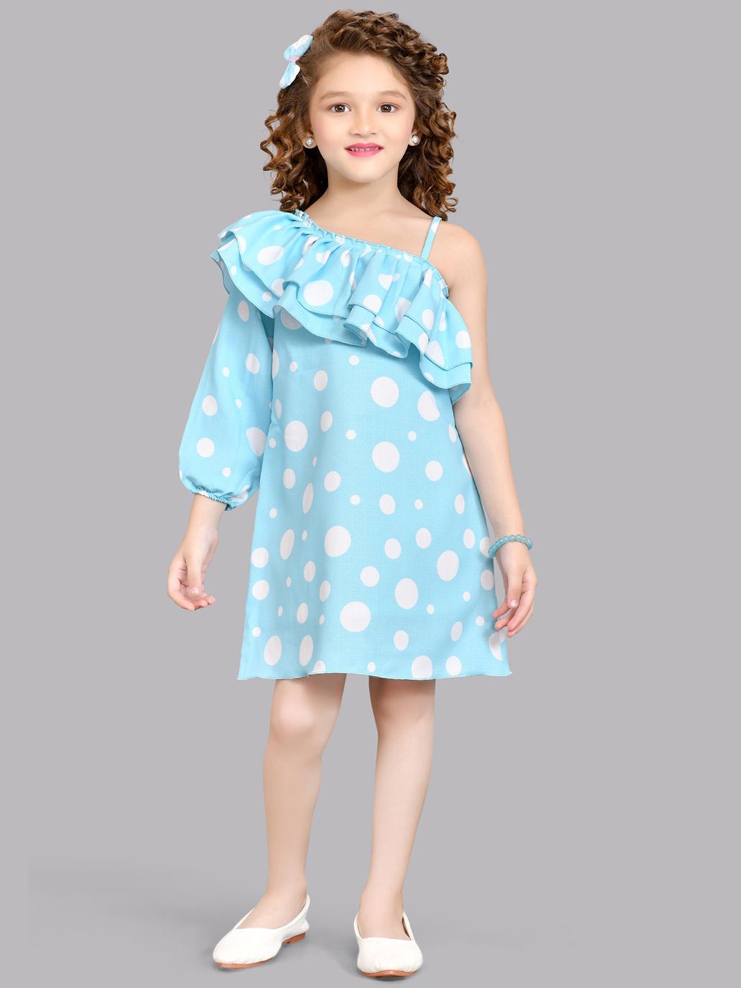 Pink Chick Girls Polka Dots Print One Shoulder Puff Sleeves Ruffled Cotton A-Line Dress, Blue
Pink Chick Girls Polka Dots Print One Shoulder Puff Sleeves Ruffled Cotton A-Line Dress, Blue