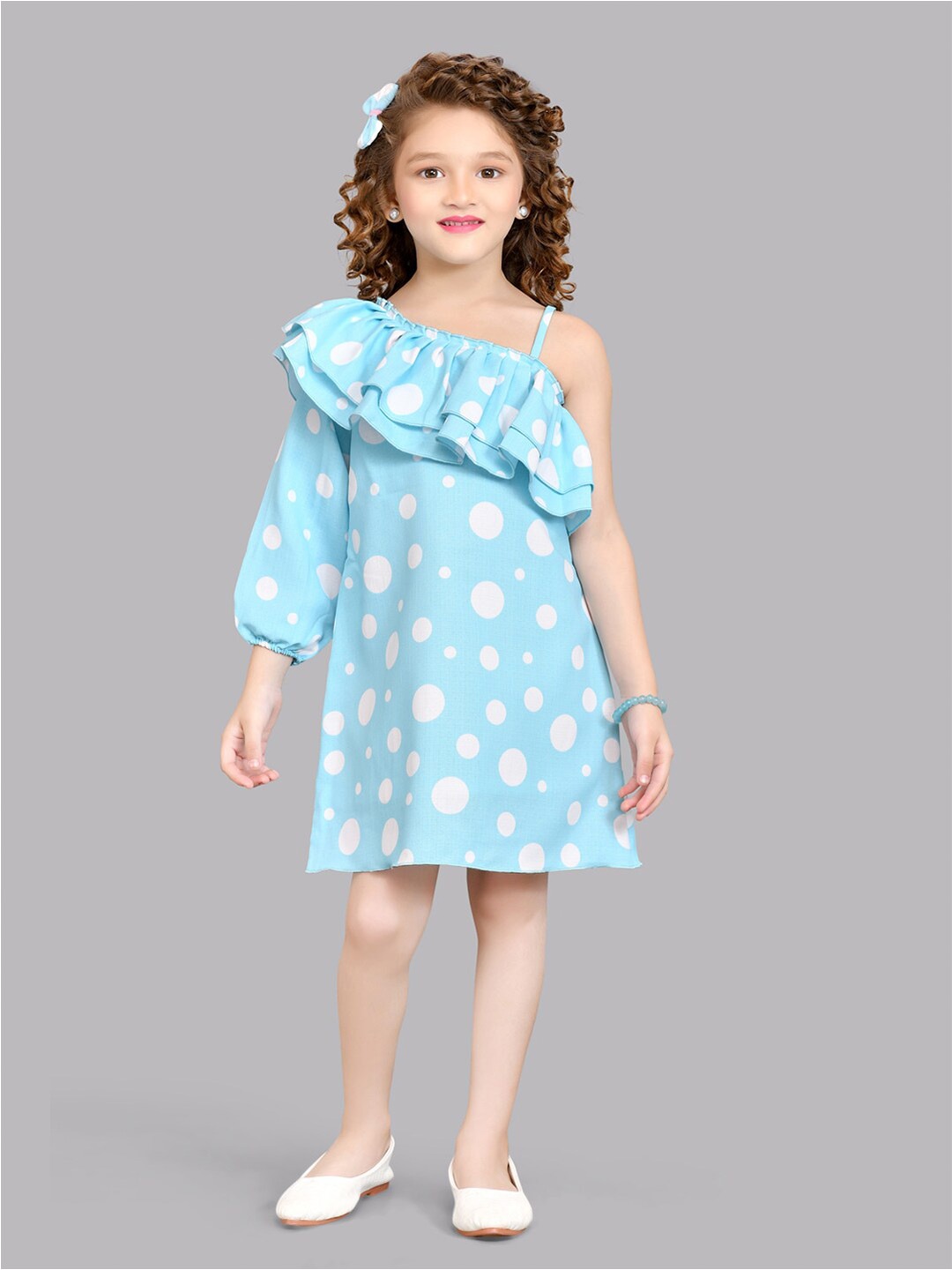 Pink Chick Polka Dot Printed One Shoulder Puff Sleeve Ruffled Cotton A-Line Dress, Blue
Pink Chick Polka Dot Printed One Shoulder Puff Sleeve Ruffled Cotton A-Line Dress, Blue