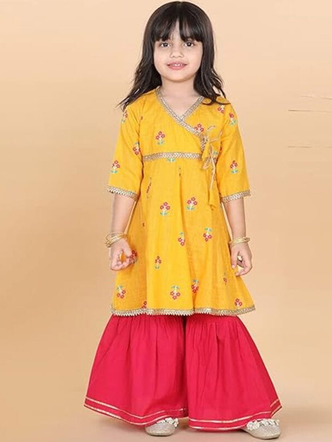 BAESD Girls Ethnic Motifs Printed Angrakha Gotta Patti Pure Cotton Kurta with Sharara, Yellow
BAESD Girls Ethnic Motifs Printed Angrakha Gotta Patti Pure Cotton Kurta with Sharara, Yellow