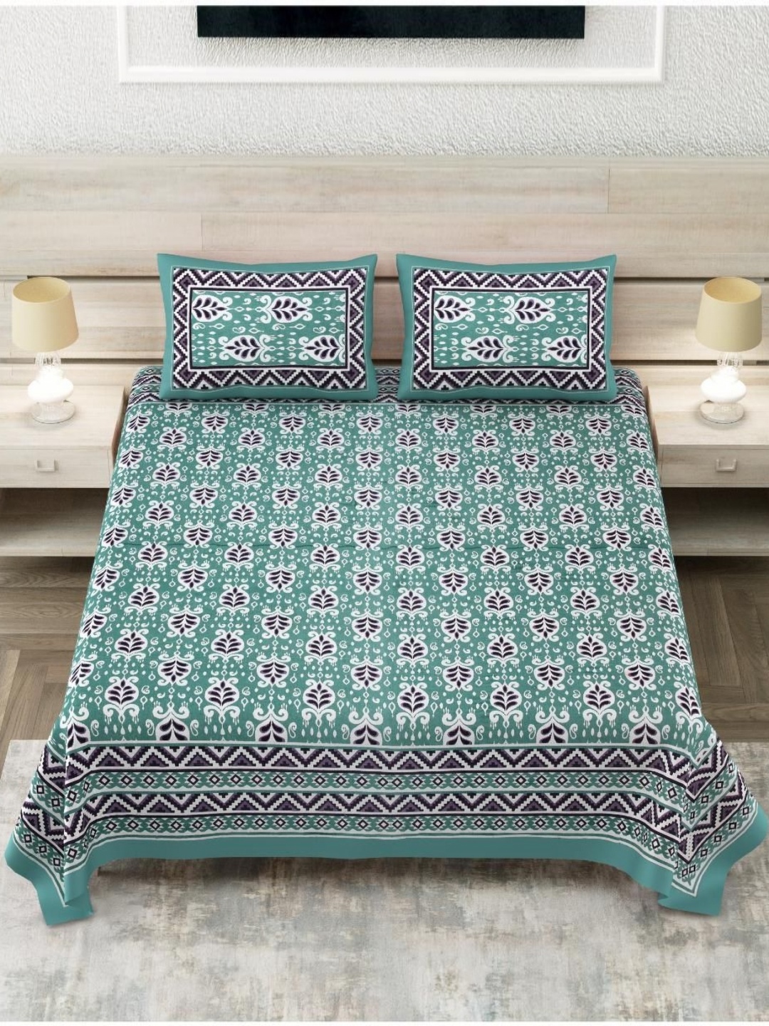 Block Print Story Teal Ethnic Motifs Cotton 210 TC King Bedsheet With 2 Pillow Covers