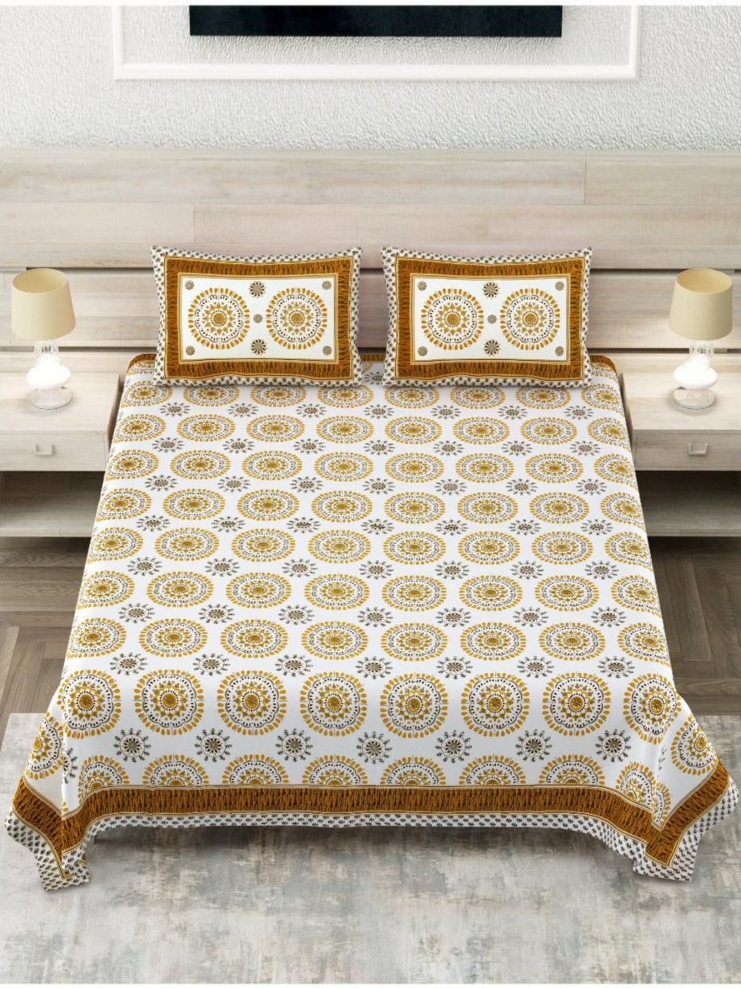 Block Print Story Heritage White & Yellow Cotton 210 TC King Bedsheet With 2 Pillow Covers
Block Print Story Heritage White & Yellow Cotton 210 TC King Bedsheet With 2 Pillow Covers