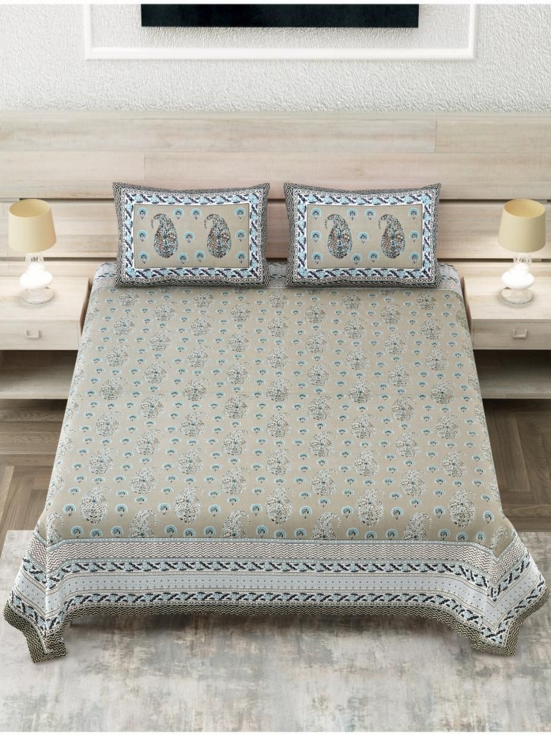 Block Print Story Heritage Grey & Blue Cotton 210 TC King Bedsheet With 2 Pillow Covers
Block Print Story Heritage Grey & Blue Cotton 210 TC King Bedsheet With 2 Pillow Covers