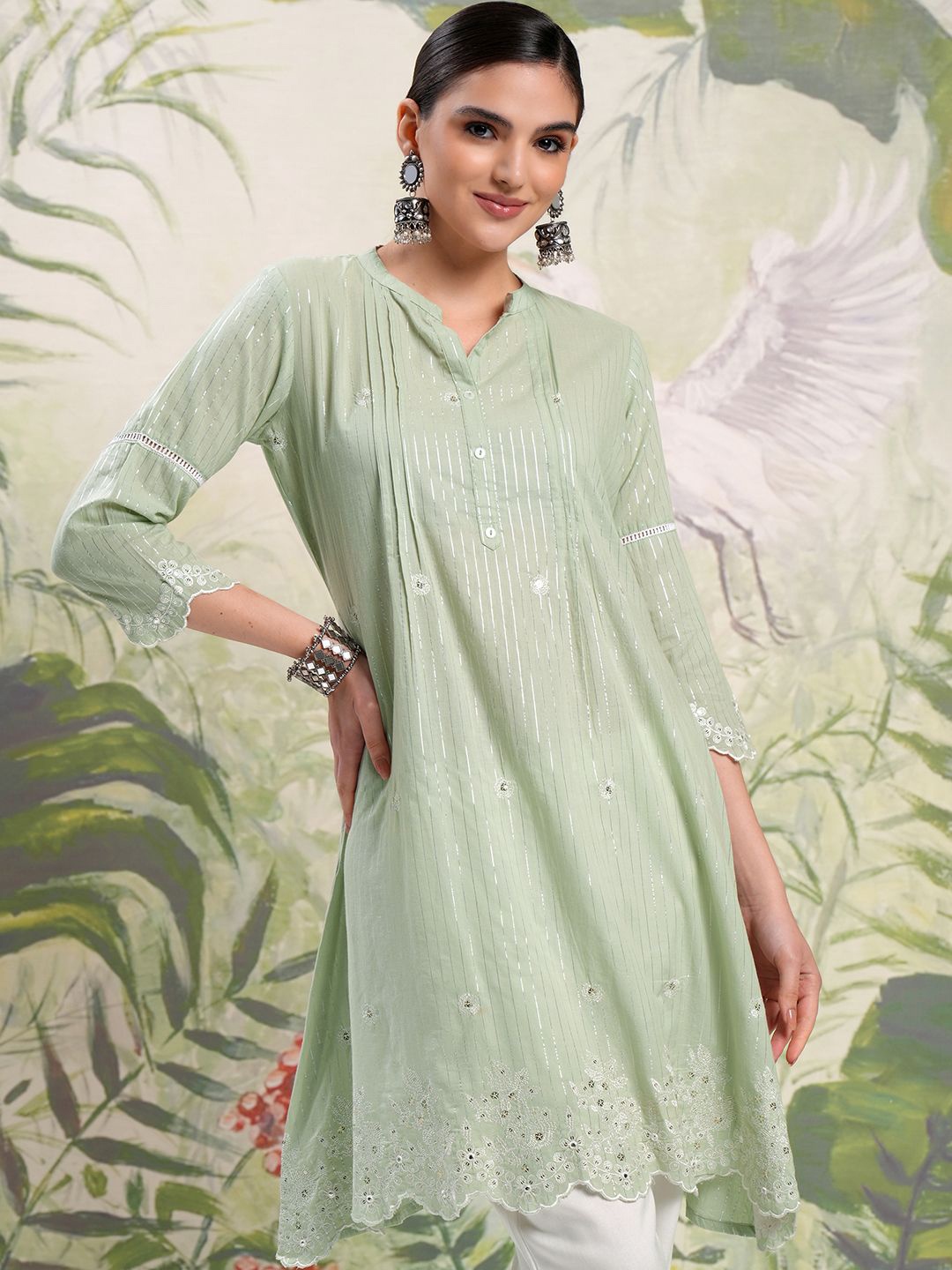Vishudh Green Embroidered Mandarin Collar Zari Pure Cotton A-Line Kurta With Trousers
Vishudh Green Embroidered Mandarin Collar Zari Pure Cotton A-Line Kurta With Trousers