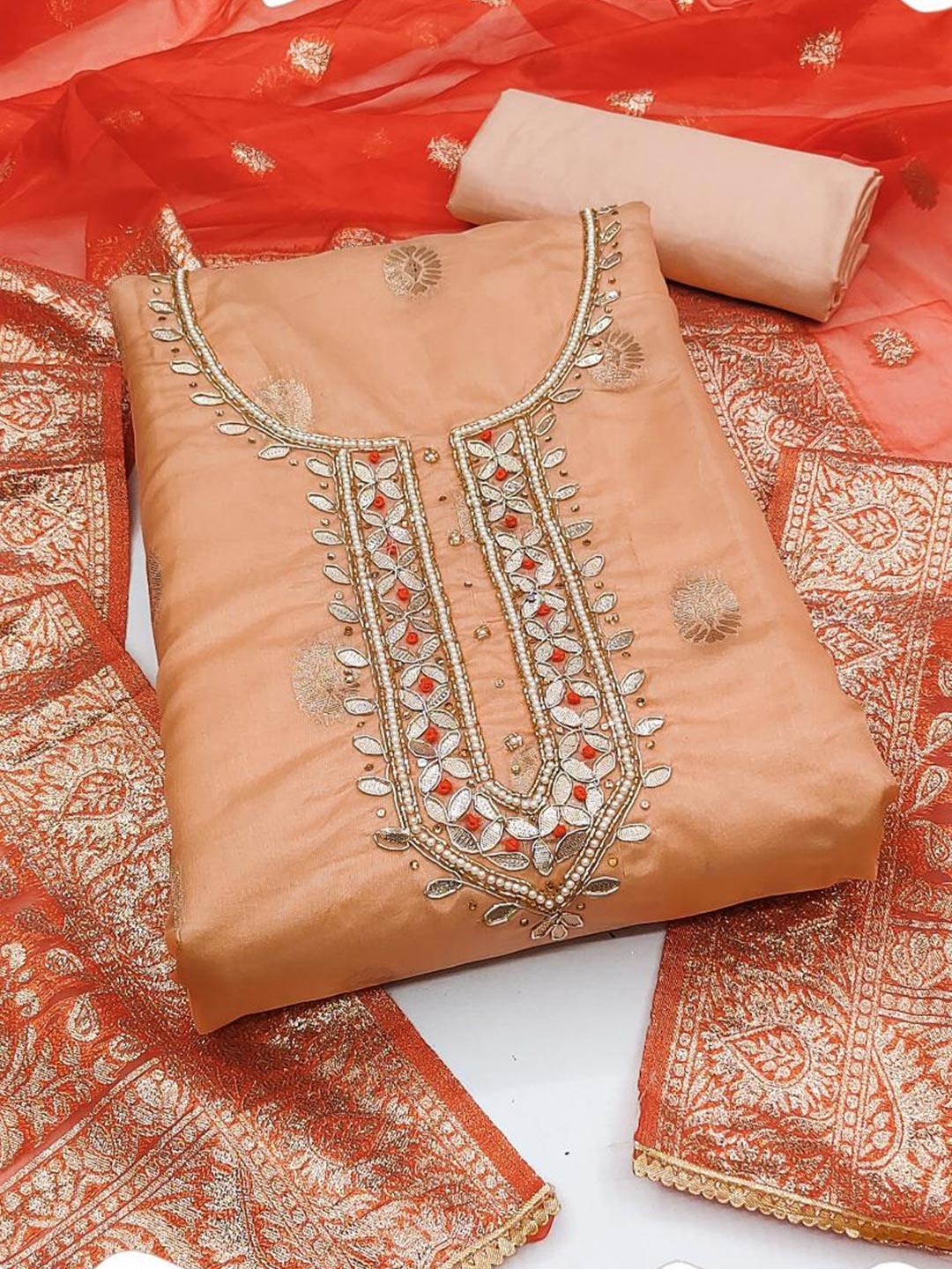 Dori Embroidered Organza Unstitched Dress Material, Orange