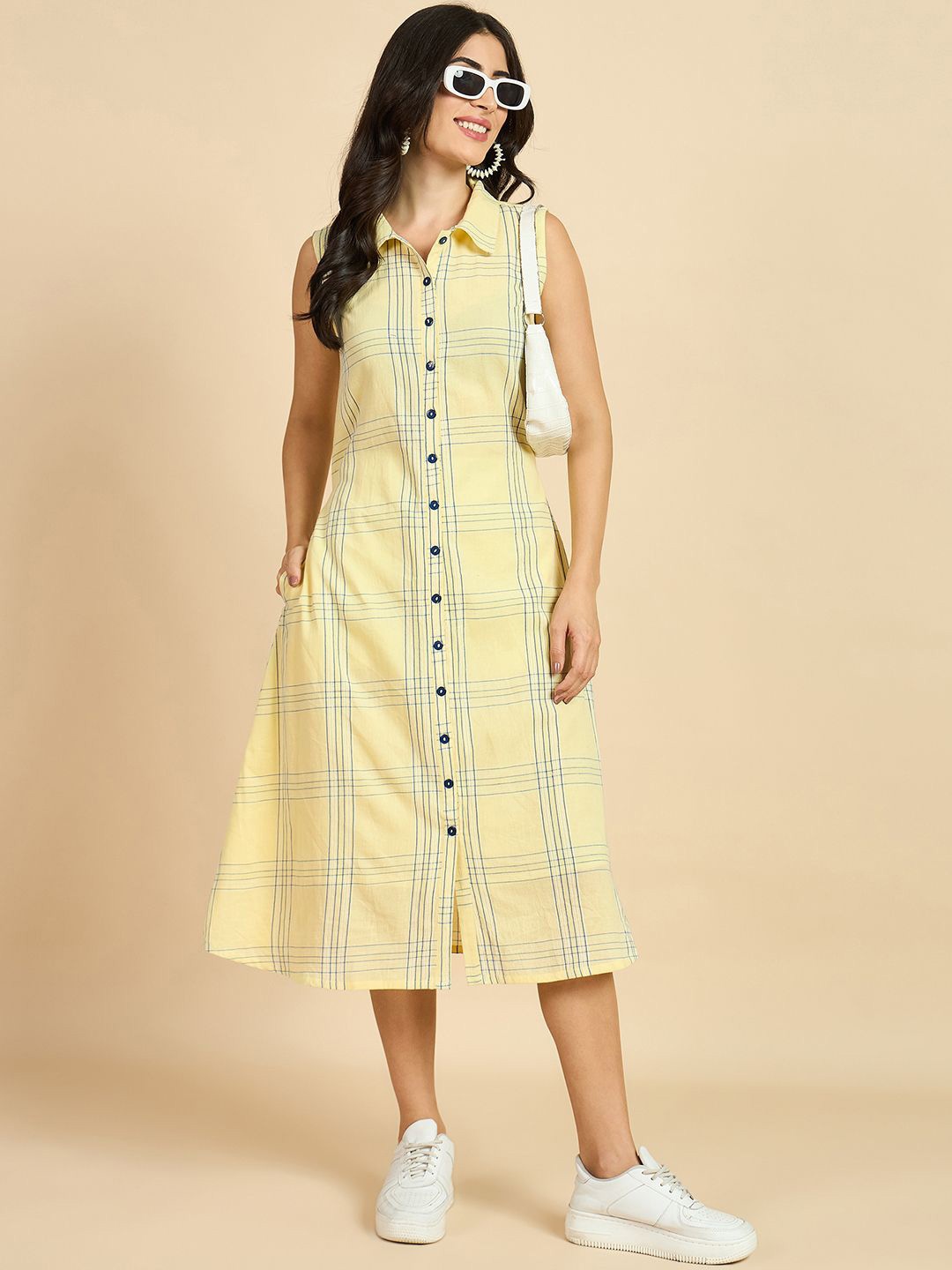 Azira Checked Shirt Collar Sleeveless Belted Pocket Detailing Cotton A-Line Midi Dress, Yellow
Azira Checked Shirt Collar Sleeveless Belted Pocket Detailing Cotton A-Line Midi Dress, Yellow