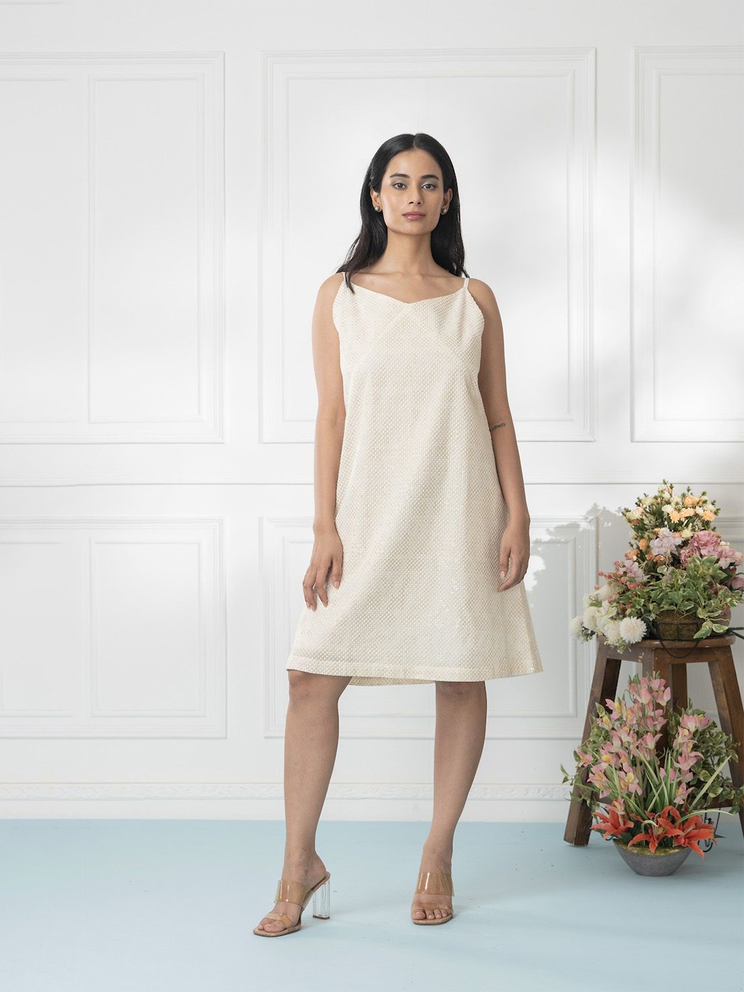 SMRITI GUPTA Shoulder Straps Sleeveless Off White Cotton A-Line Dress
SMRITI GUPTA Shoulder Straps Sleeveless Off White Cotton A-Line Dress