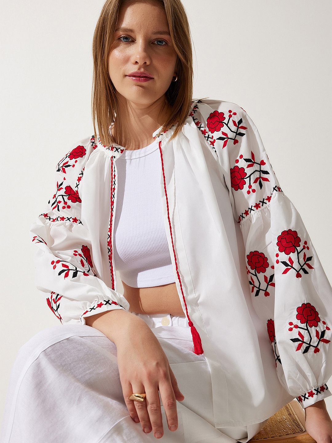 Happiness istanbul Floral Embroidered Mandarin Collar Puff Sleeve Cotton Shirt Style Top, White
Happiness istanbul Floral Embroidered Mandarin Collar Puff Sleeve Cotton Shirt Style Top, White