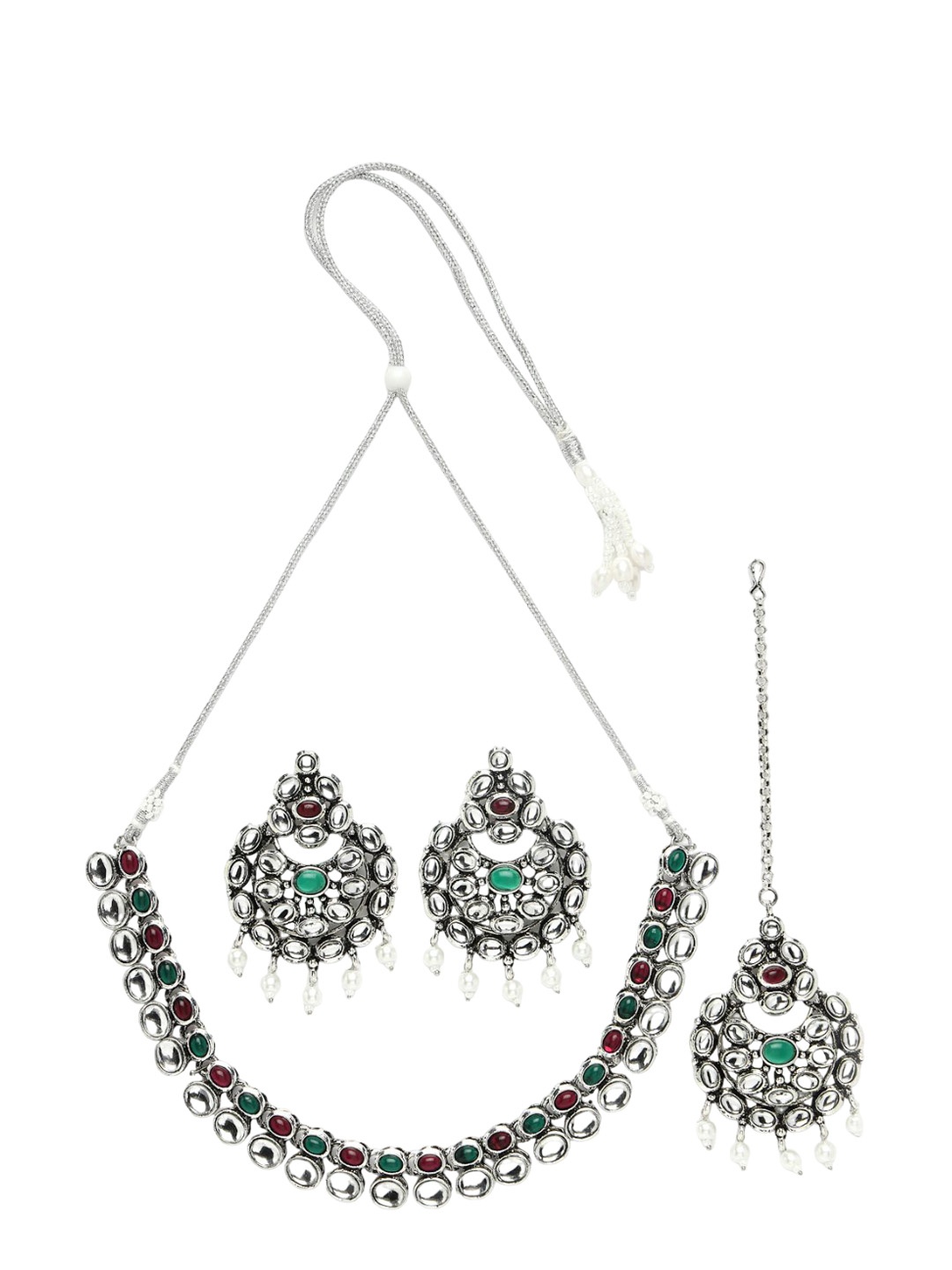 ADIVA Sliver-Plated Kundan-Studded & Beaded Necklace & Earrings With Maang Tika, Silver
ADIVA Sliver-Plated Kundan-Studded & Beaded Necklace & Earrings With Maang Tika, Silver