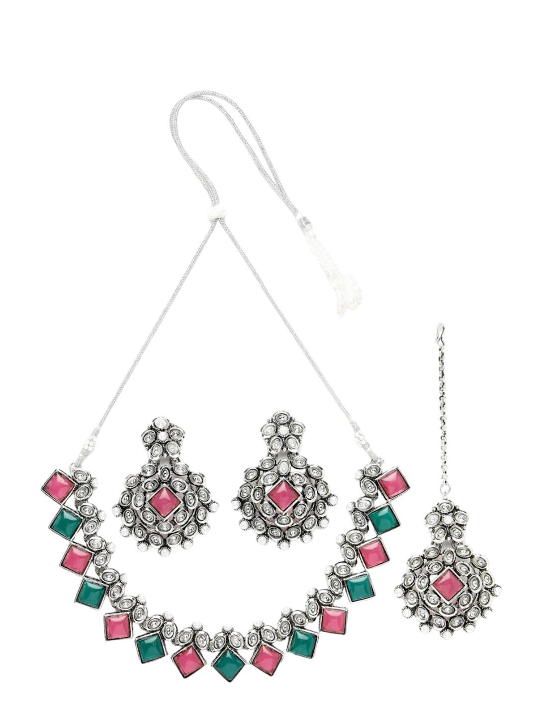 ADIVA Sliver-Plated Beaded & Kundan Oxidised Necklace & Earrings With Maang Tika, Silver
ADIVA Sliver-Plated Beaded & Kundan Oxidised Necklace & Earrings With Maang Tika, Silver