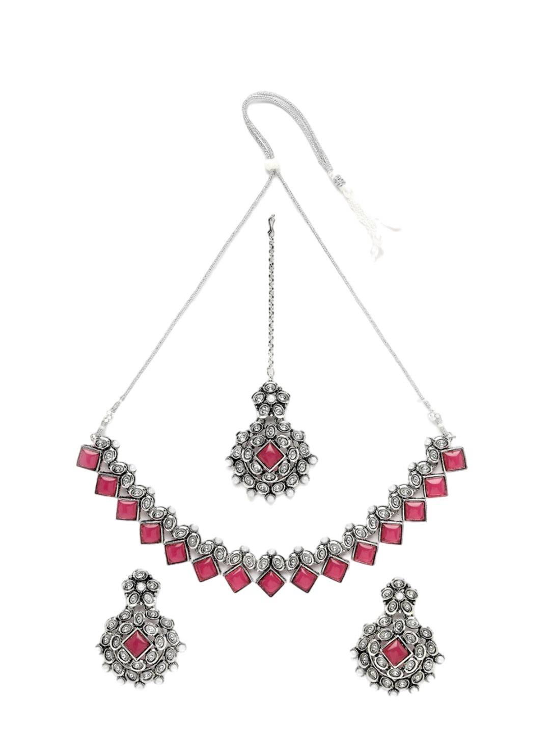 ADIVA Silver-Plated Beaded & Kundan-Studded Oxidised Necklace & Earrings With Maang Tika
ADIVA Silver-Plated Beaded & Kundan-Studded Oxidised Necklace & Earrings With Maang Tika