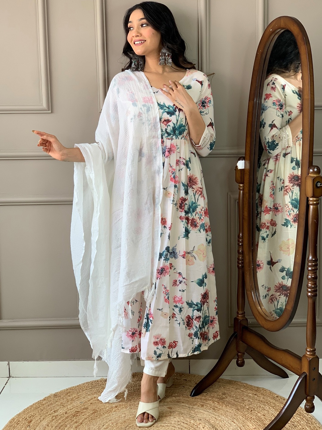 KALINI Floral Printed Pleated Gotta Patti Pure Cotton Kurta with Trouser & Dupatta, Off white
KALINI Floral Printed Pleated Gotta Patti Pure Cotton Kurta with Trouser & Dupatta, Off white
