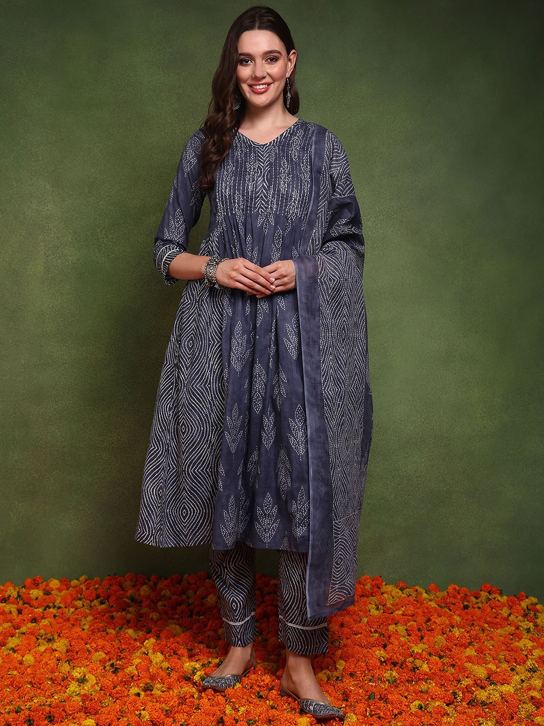 AHIKA Navy Blue Bandhani Printed Empire V-Neck Pure Cotton Kurta with Trousers & Dupatta
AHIKA Navy Blue Bandhani Printed Empire V-Neck Pure Cotton Kurta with Trousers & Dupatta