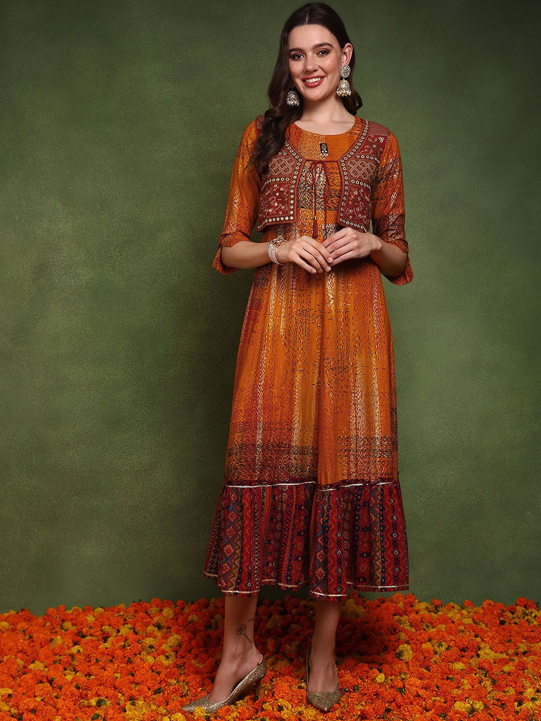 AHIKA Ethnic Motifs Yoke Design Flared Sleeves Mirror Work Anarkali Kurta, Mustard
AHIKA Ethnic Motifs Yoke Design Flared Sleeves Mirror Work Anarkali Kurta, Mustard