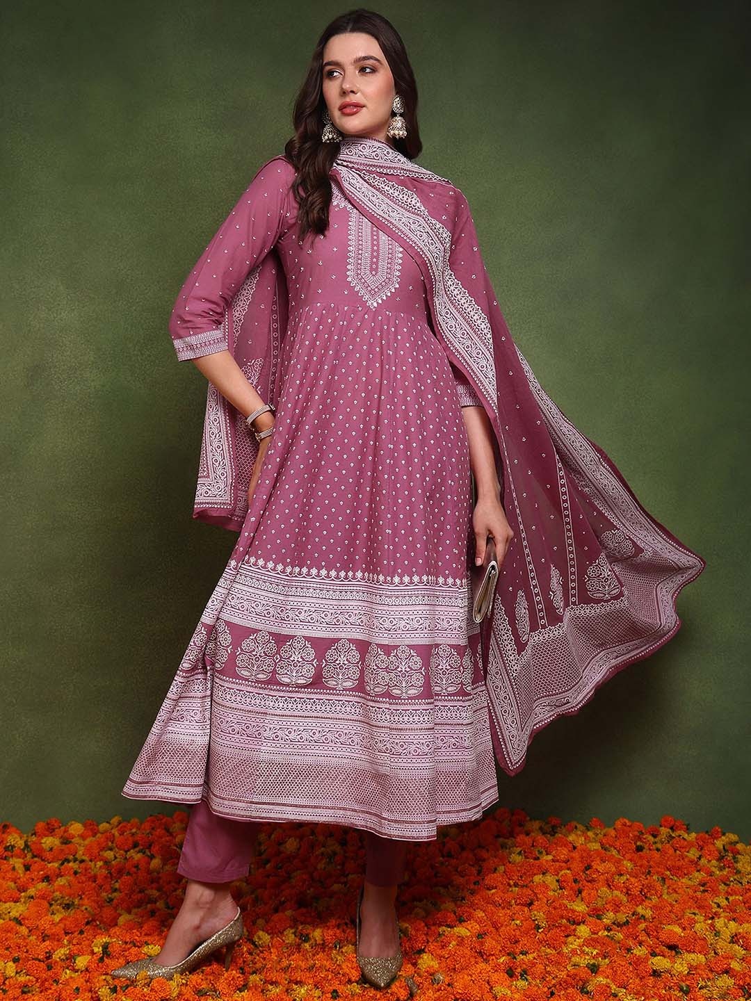 AHIKA Ethnic Motifs Printed Empire Pure Cotton Anarkali Kurta With Trousers & Dupatta, Mauve
AHIKA Ethnic Motifs Printed Empire Pure Cotton Anarkali Kurta With Trousers & Dupatta, Mauve
