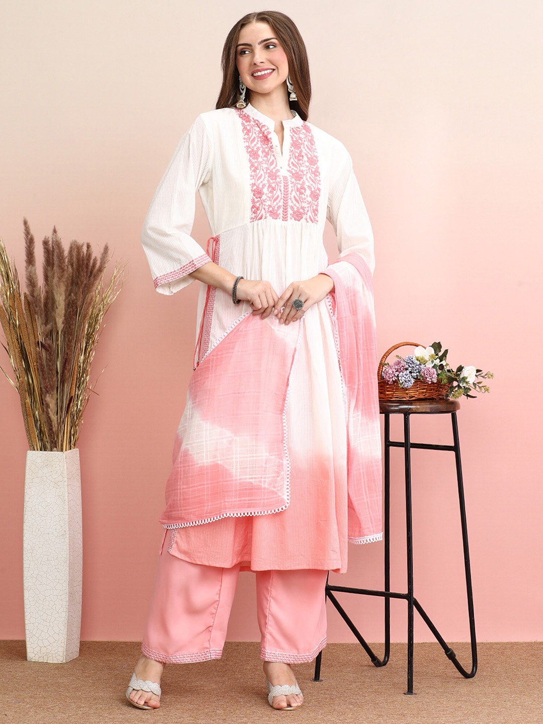 Indo Era Pink Ombre Dyed Thread Work A-Line Pure Cotton Kurta with Trousers & Dupatta
Indo Era Pink Ombre Dyed Thread Work A-Line Pure Cotton Kurta with Trousers & Dupatta