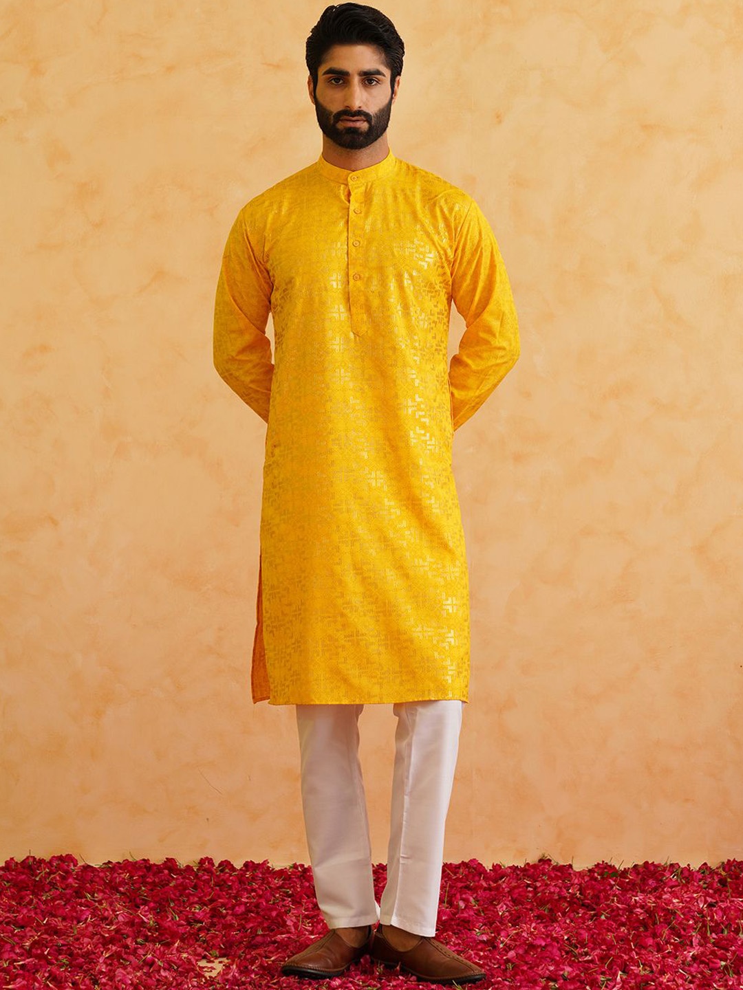 SOJANYA Mandarin Collar Long Sleeves Woven Design Pure Cotton Kurta with Churidar, Mustard
SOJANYA Mandarin Collar Long Sleeves Woven Design Pure Cotton Kurta with Churidar, Mustard