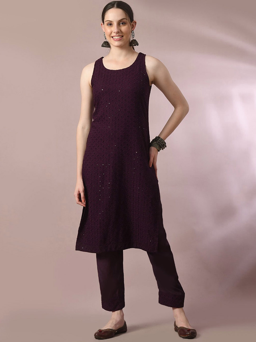 HERE&NOW Magenta Ethnic Motifs Embroidered Sequinned Pure Cotton Kurta with Trousers
HERE&NOW Magenta Ethnic Motifs Embroidered Sequinned Pure Cotton Kurta with Trousers