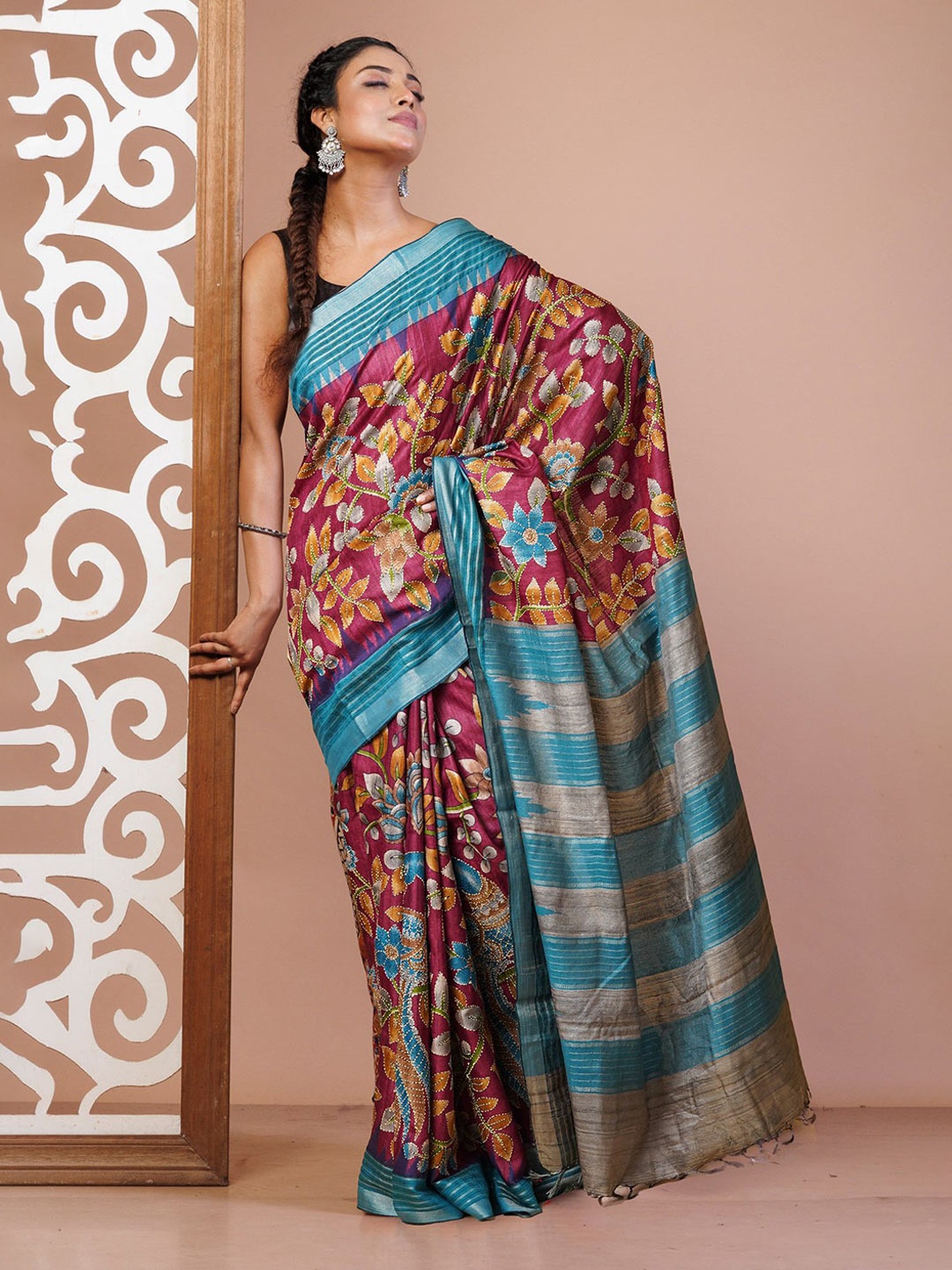 Unnati Silks Ethnic Motifs Kantha Work Pure Silk Handloom Tussar Saree, Burgundy
Unnati Silks Ethnic Motifs Kantha Work Pure Silk Handloom Tussar Saree, Burgundy