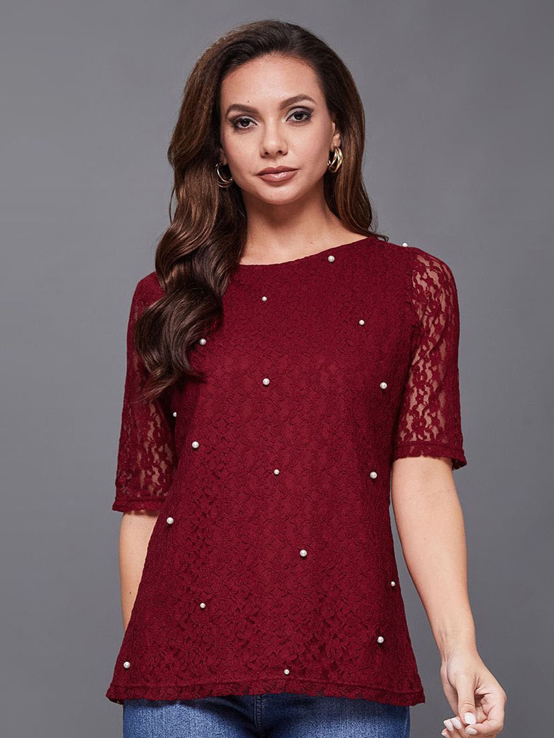 Miss Chase Floral Printed Self Design Round Neck Artificial Pearl Detailed Top, Maroon
Miss Chase Floral Printed Self Design Round Neck Artificial Pearl Detailed Top, Maroon