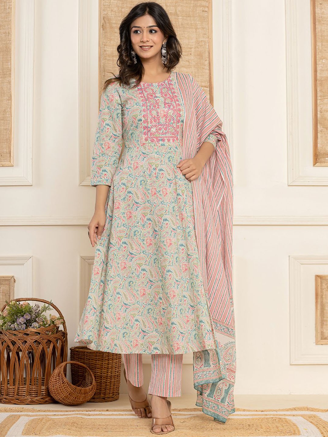 Yufta Paisley Printed Thread Work Pure Cotton Anarkali Kurta With Trousers & Dupatta, Pink
Yufta Paisley Printed Thread Work Pure Cotton Anarkali Kurta With Trousers & Dupatta, Pink