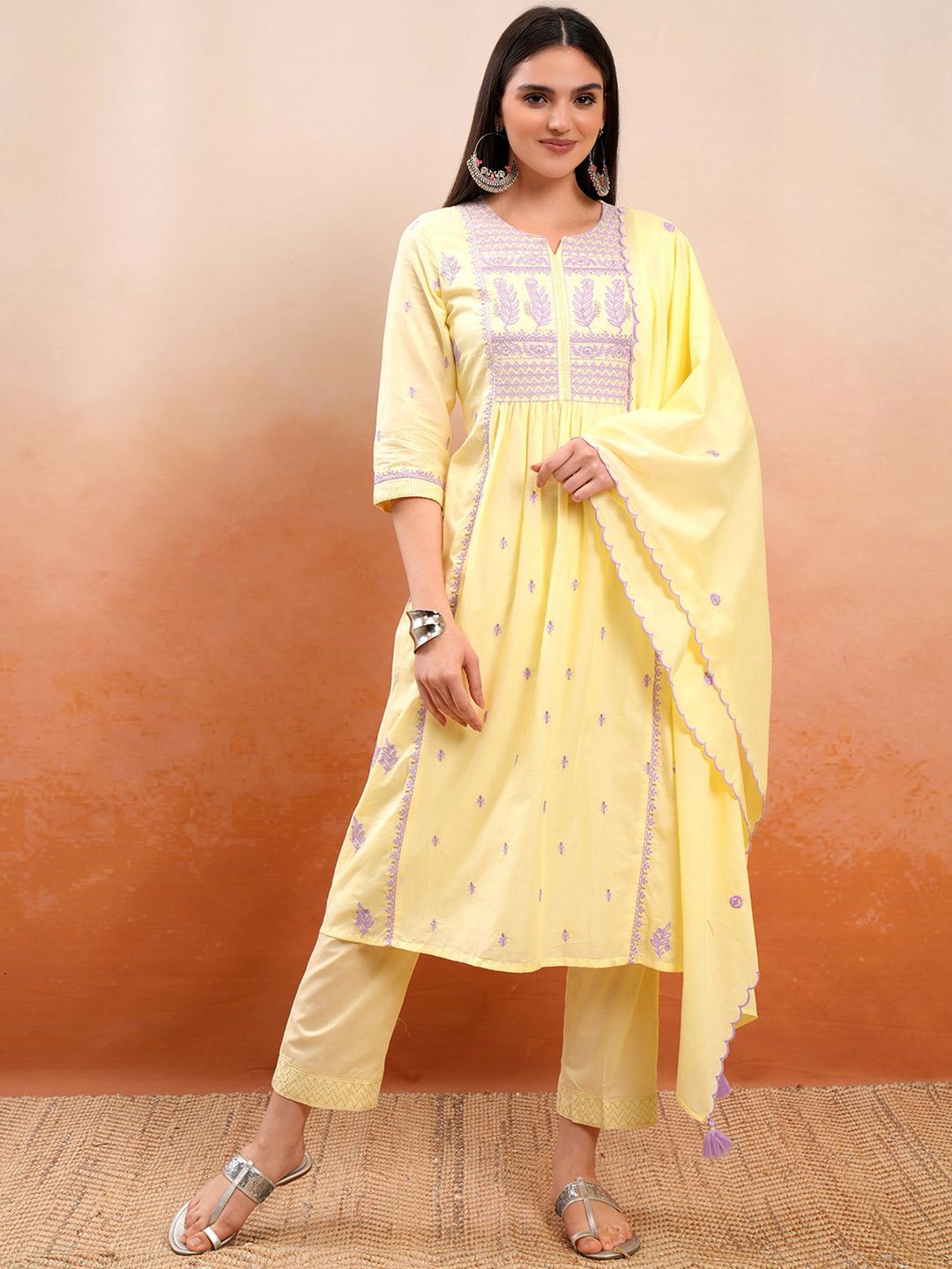 Vishudh Yellow Embroidered Thread Work Pure Cotton A-Line Kurta With Trousers & Dupatta
Vishudh Yellow Embroidered Thread Work Pure Cotton A-Line Kurta With Trousers & Dupatta