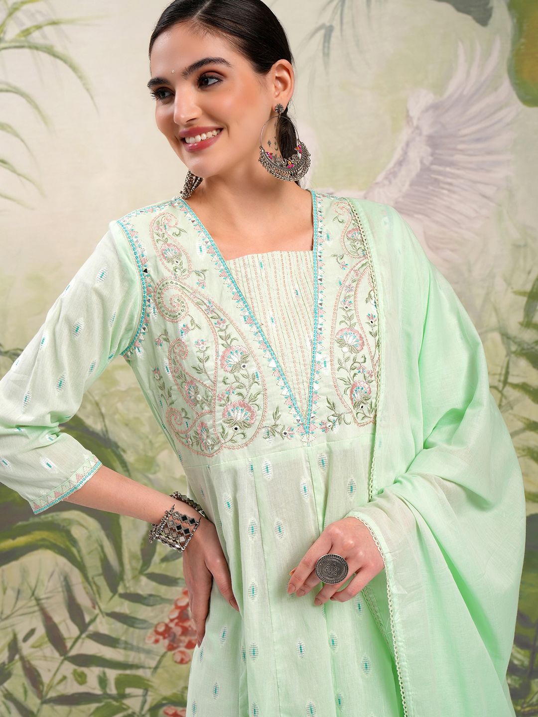 Vishudh Floral Embroidered Pure Cotton Anarkali Kurta & Trousers With Dupatta, Green
Vishudh Floral Embroidered Pure Cotton Anarkali Kurta & Trousers With Dupatta, Green