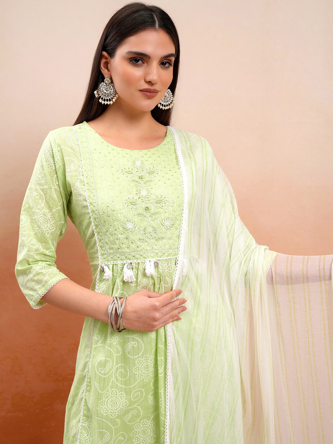 Vishudh Green Floral Printed Thread Work Pure Cotton A-Line Kurta With Trousers & Dupatta
Vishudh Green Floral Printed Thread Work Pure Cotton A-Line Kurta With Trousers & Dupatta