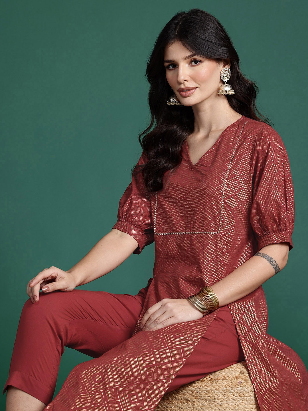Sangria Ethnic Motifs Foil Printed Pure Cotton Gotta Patti Kurta with Trousers, Rust
Sangria Ethnic Motifs Foil Printed Pure Cotton Gotta Patti Kurta with Trousers, Rust