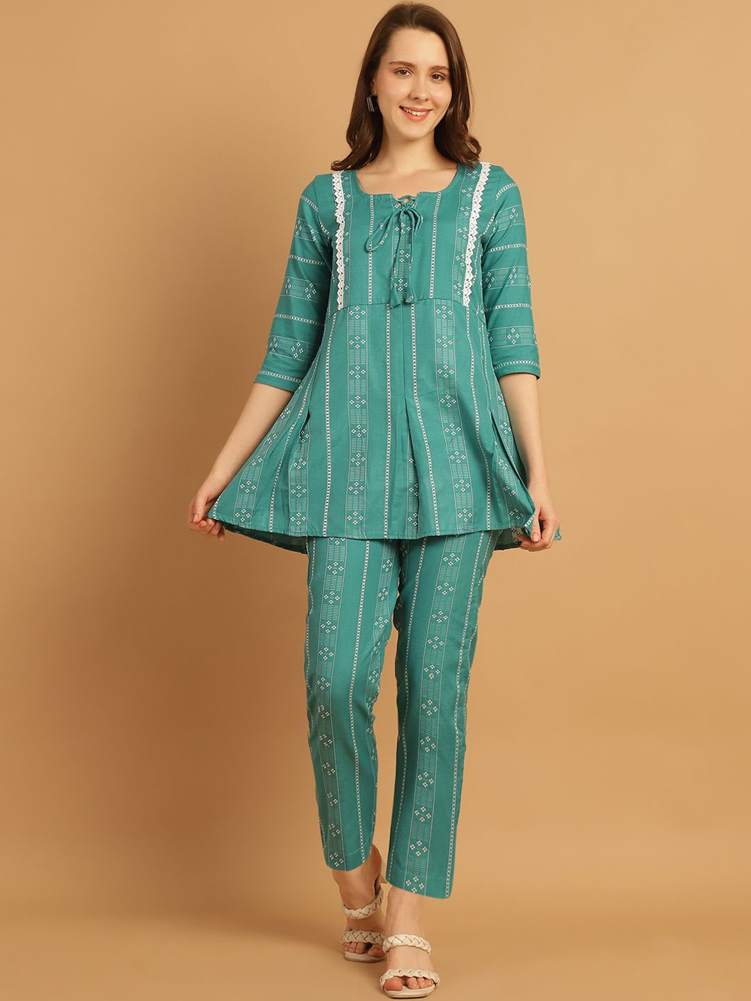 Enchanted Drapes Striped Woven Design Flared Pleated Pure Cotton A-Line Kurti With Trouser, Green
Enchanted Drapes Striped Woven Design Flared Pleated Pure Cotton A-Line Kurti With Trouser, Green