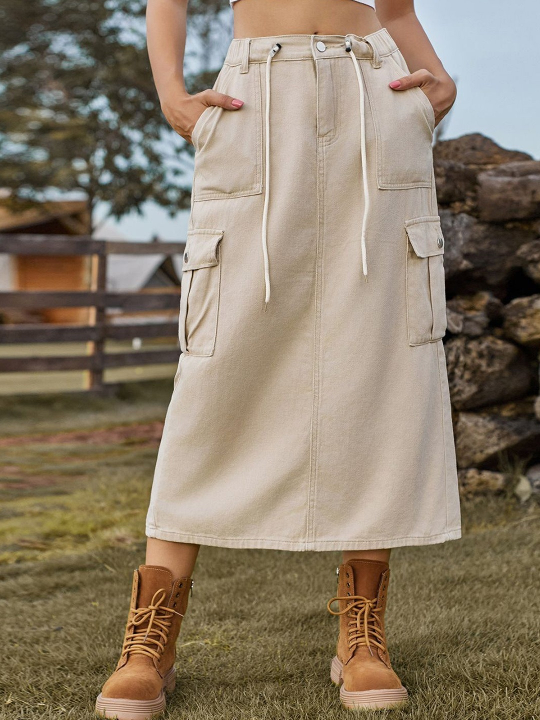 4WRD by Dressberry A-Line Midi Skirts, Khaki