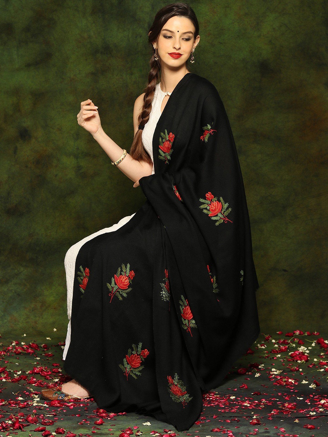 Exotic India Black and Rose Red Woolen Shawl with Detailed Floral Aari Butta Embroidery
Exotic India Black and Rose Red Woolen Shawl with Detailed Floral Aari Butta Embroidery