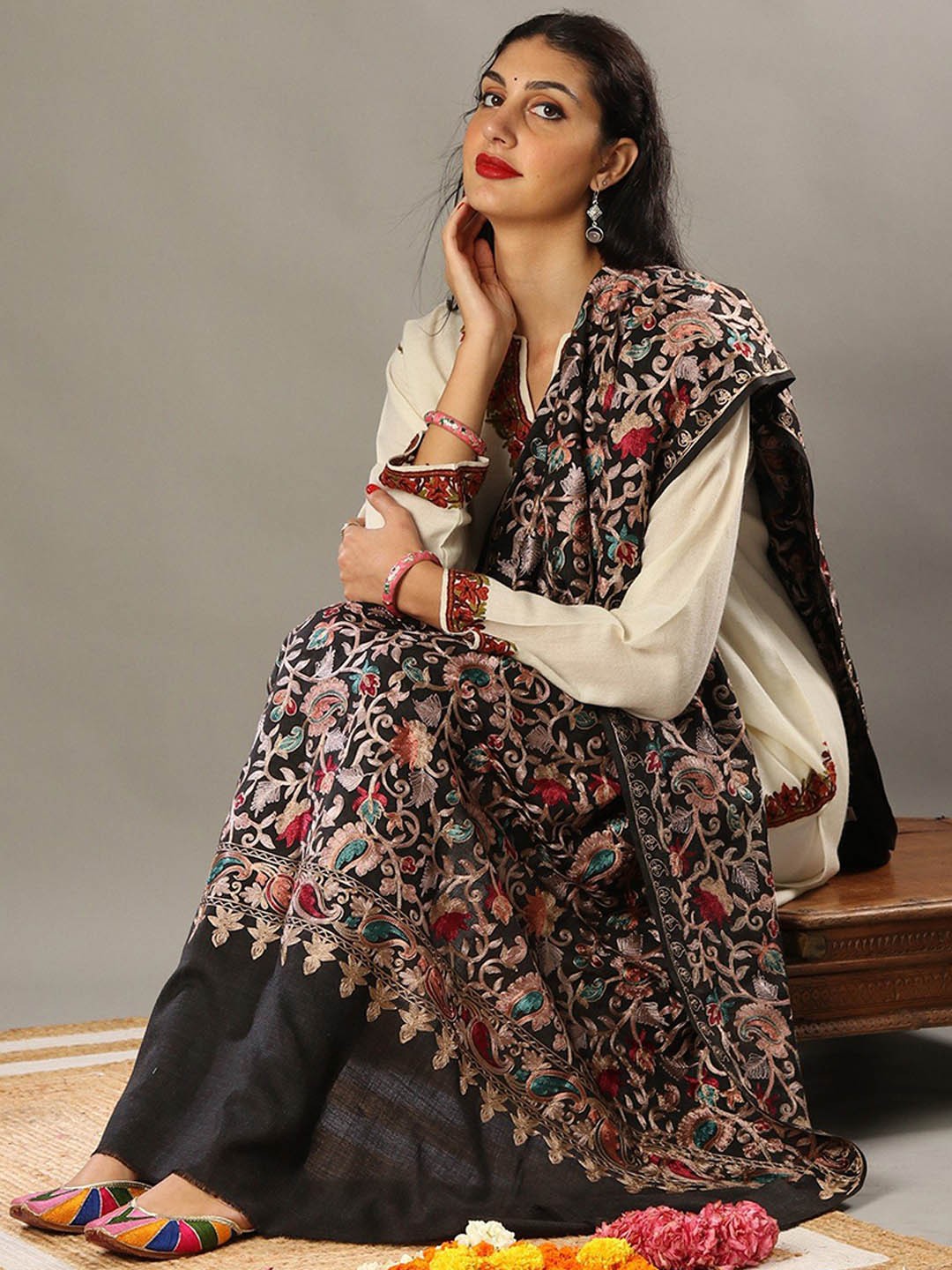 Exotic India Black Aari Embroidered Fine Wool Traditional Kashmiri Motif Thread Work Shawl
Exotic India Black Aari Embroidered Fine Wool Traditional Kashmiri Motif Thread Work Shawl