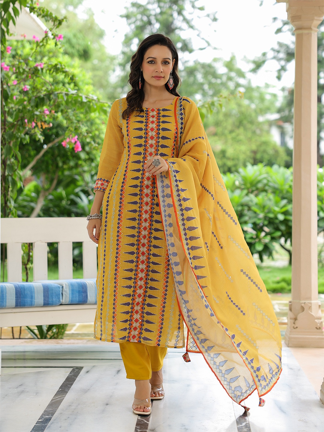 FASHOR Geometric Printed Regular Kantha Work Kurta with Trousers & With Dupatta, Yellow
FASHOR Geometric Printed Regular Kantha Work Kurta with Trousers & With Dupatta, Yellow