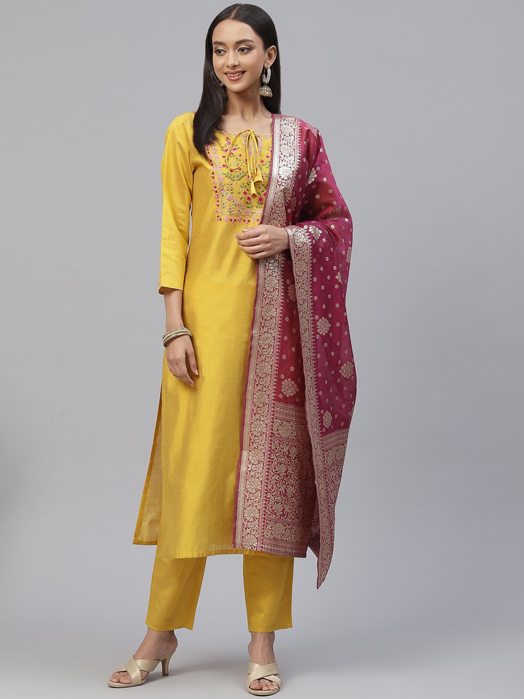 KALINI Ethnic Motifs Embroidered Thread Work Straight Kurta With Trousers & Dupatta, Yellow
KALINI Ethnic Motifs Embroidered Thread Work Straight Kurta With Trousers & Dupatta, Yellow