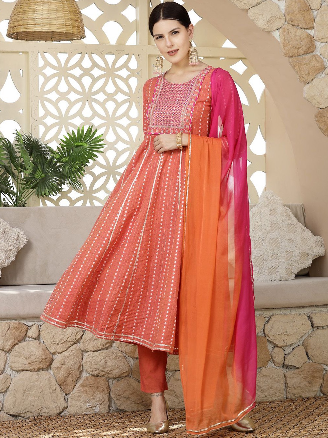 Stylum Coral & Pink Floral Woven Design Gotta Patti Anarkali Kurta with Trousers & Dupatta
Stylum Coral & Pink Floral Woven Design Gotta Patti Anarkali Kurta with Trousers & Dupatta