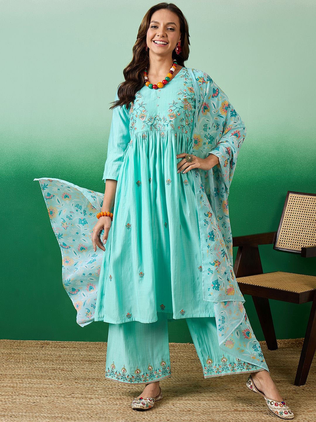 Sangria Turquoise Blue Floral Embroidered Thread Work A-Line Kurta With Plazzo & Dupatta
Sangria Turquoise Blue Floral Embroidered Thread Work A-Line Kurta With Plazzo & Dupatta