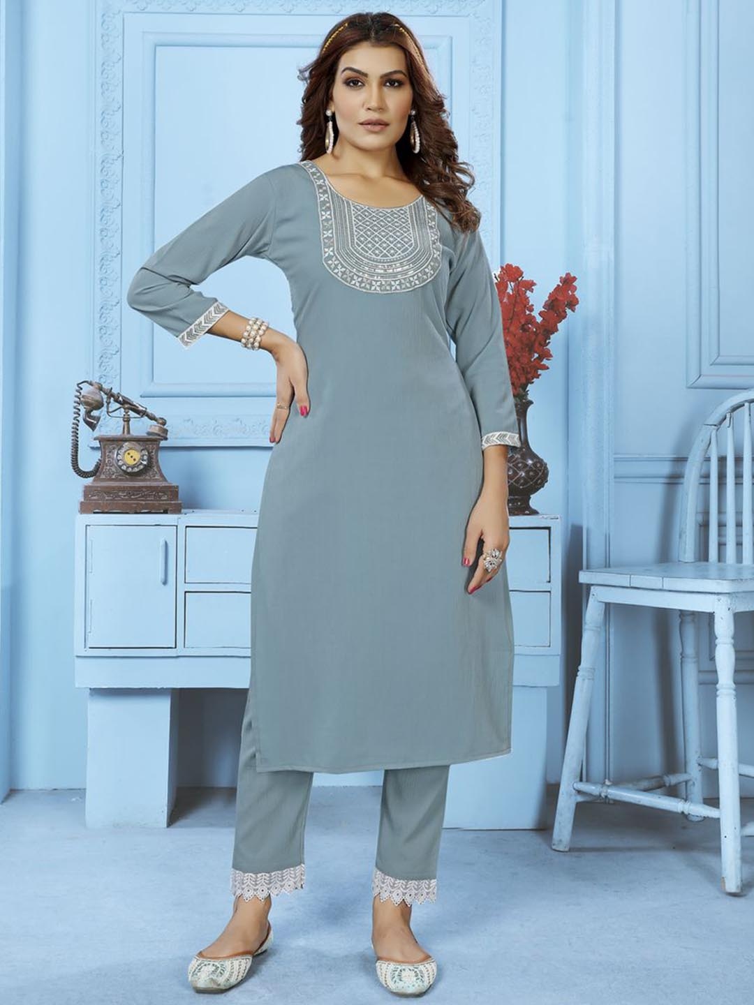 Rujave Ethnic Motifs Embroidered Regular Thread Work Straight Kurta & Trousers, Blue
Rujave Ethnic Motifs Embroidered Regular Thread Work Straight Kurta & Trousers, Blue