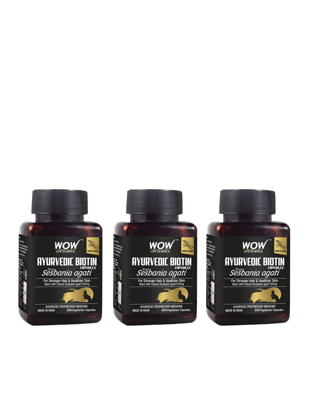 WOW Life Science Set of 3 Ayurvedic Biotin Capsules for Stronger Hair - 60 Capsules each, Black
WOW Life Science Set of 3 Ayurvedic Biotin Capsules for Stronger Hair - 60 Capsules each, Black