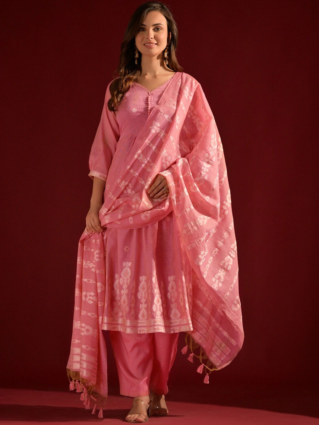 ZARIMO Ethnic Motifs Pleated Woven Design Pure Cotton A-Line Kurta With Salwar & Dupatta, Pink
ZARIMO Ethnic Motifs Pleated Woven Design Pure Cotton A-Line Kurta With Salwar & Dupatta, Pink