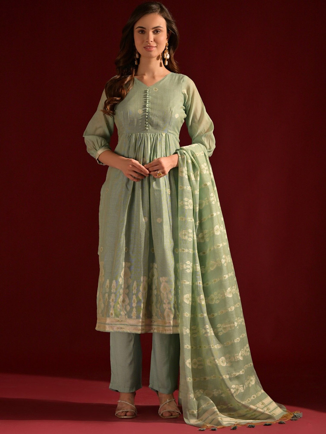ZARIMO Ethnic Motifs Woven Design Pure Cotton Anarkali Kurta With Palazzos & Dupatta, Sea green
ZARIMO Ethnic Motifs Woven Design Pure Cotton Anarkali Kurta With Palazzos & Dupatta, Sea green