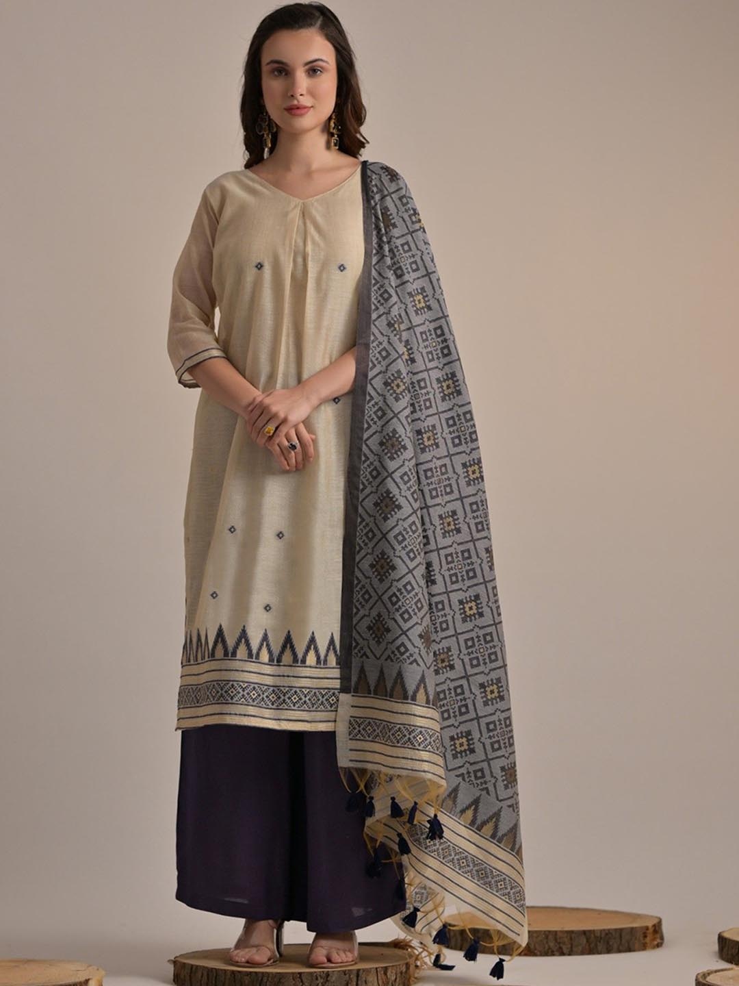 ZARIMO Ethnic Motifs Woven Design V-Neck Pure Cotton Kurta With Palazzos & Dupatta, Cream
ZARIMO Ethnic Motifs Woven Design V-Neck Pure Cotton Kurta With Palazzos & Dupatta, Cream