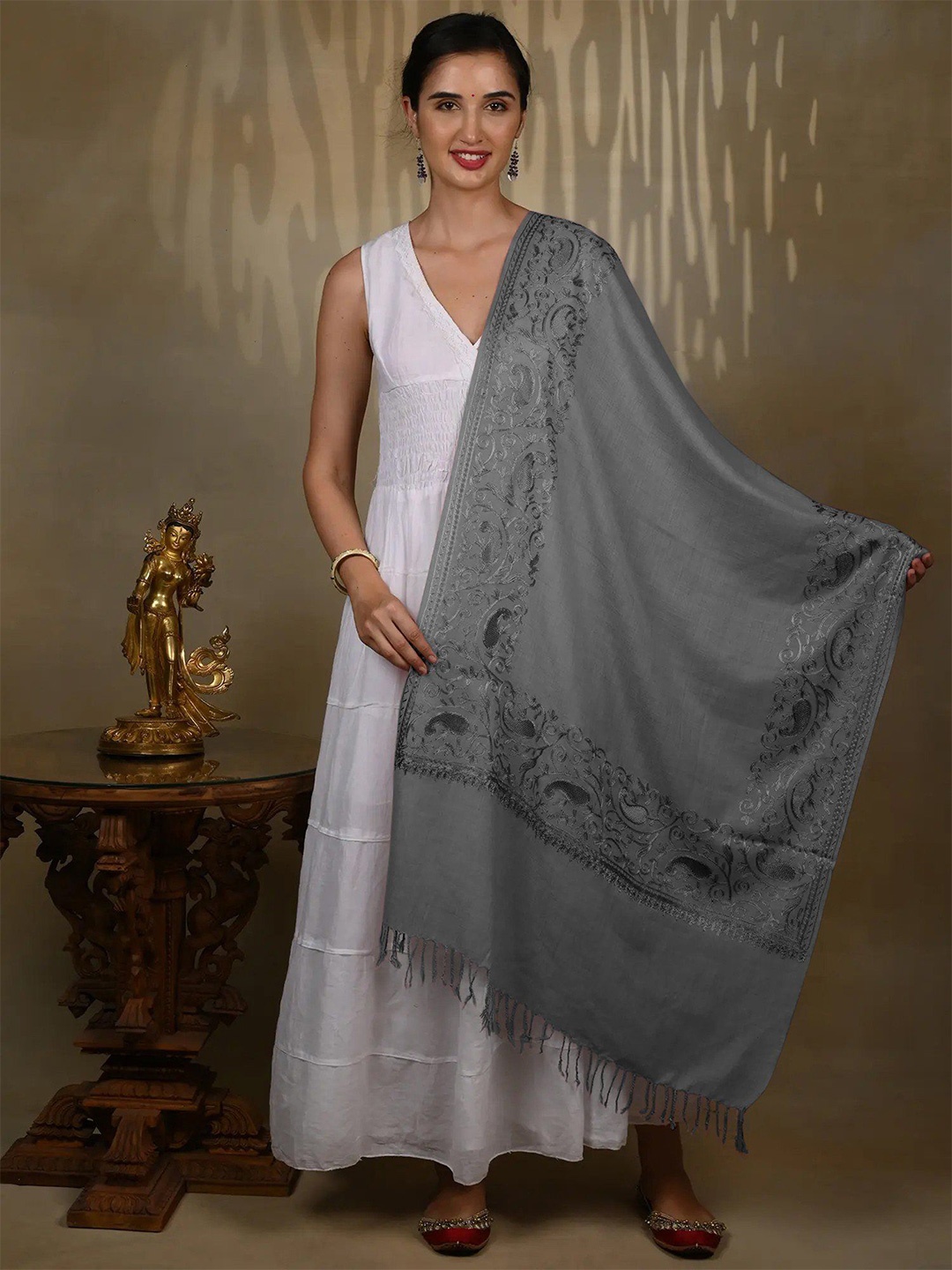 Exotic India Neutral Gray Pure Wool Aari Threadwork Broad Border Kashmiri Stole, Grey
Exotic India Neutral Gray Pure Wool Aari Threadwork Broad Border Kashmiri Stole, Grey