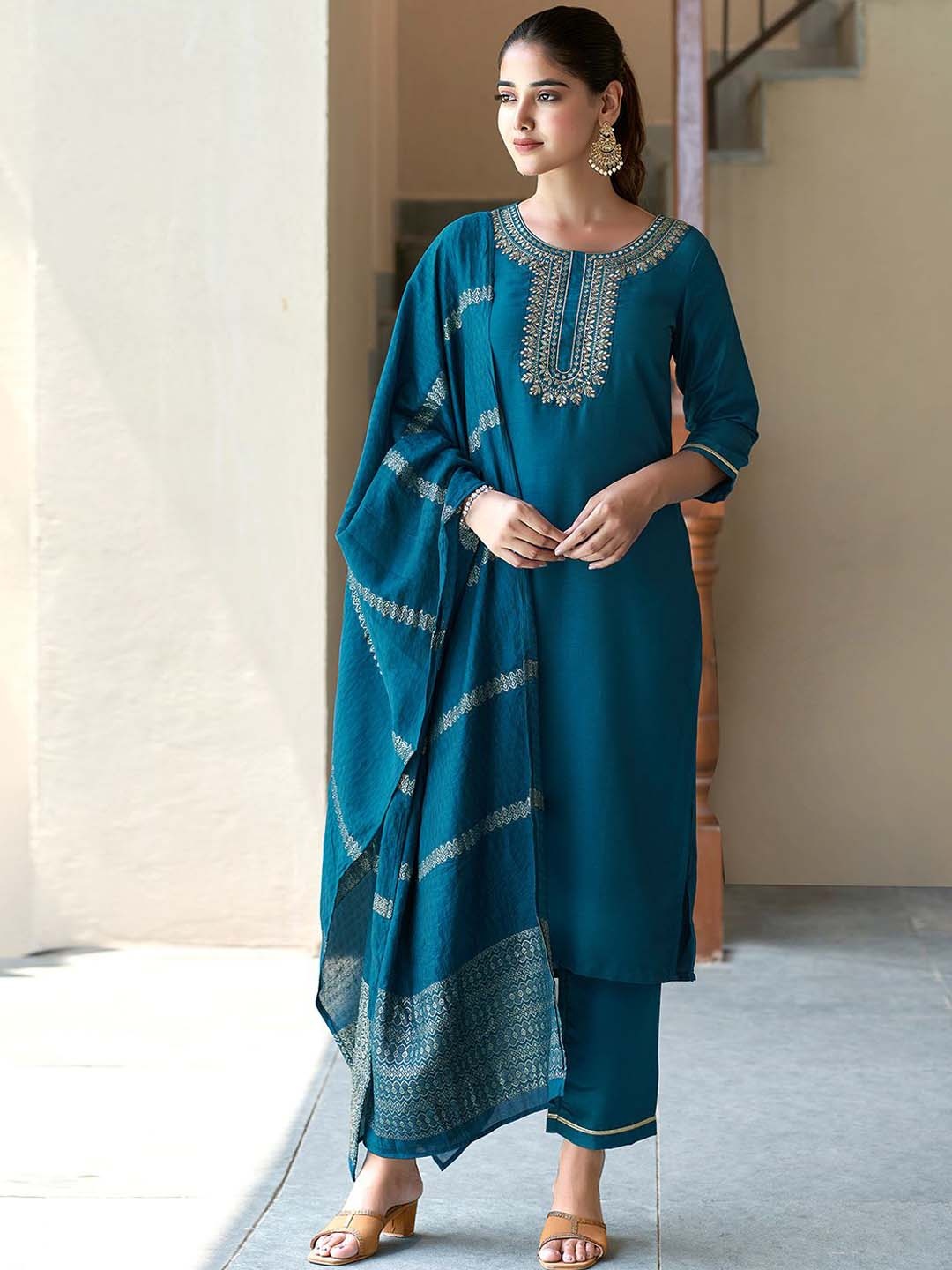 KALINI Floral Yoke Design Regular Thread Work Straight Kurta With Trousers & Dupatta, Teal
KALINI Floral Yoke Design Regular Thread Work Straight Kurta With Trousers & Dupatta, Teal